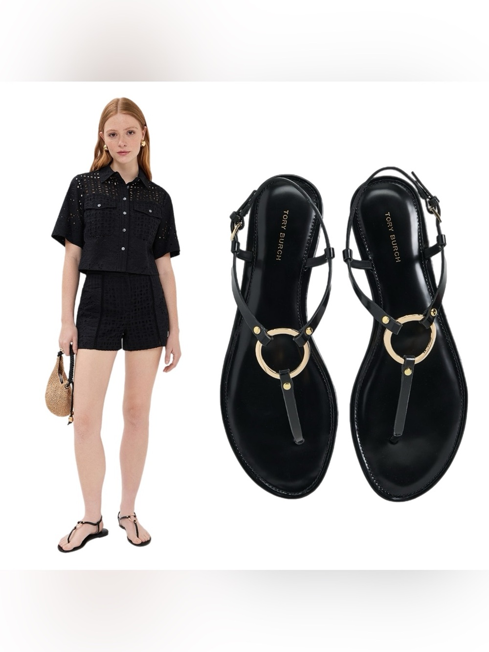 Tory Burch Ring T-Strap Sandal Black/Gold Size 7.5 Like New